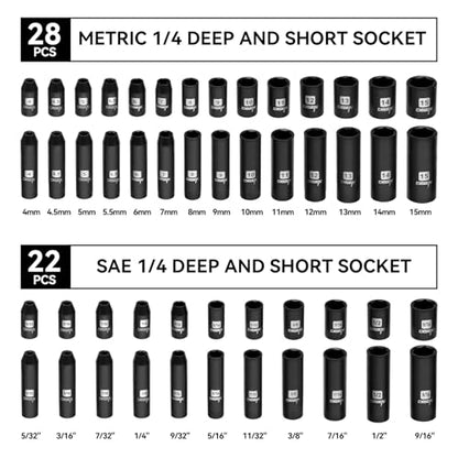 DISEN 94 PCS 1/4" Drive Impact Socket Set, Shallow & Deep Socket SAE(5/32"-9/16") & Metric(4-15mm), Torx Screwdriver Bit Set, 72T Ratchet Wrench Handle, CRV Tool Set with Adapter, Automotive Repair - style: 1/4" 94PCS