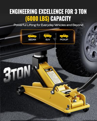 AUTOWN 3 Ton (6600 lbs) Floor Jack, Heavy Duty Steel Hydraulic Jack for Car, Low Profile Floor Jack with Rubber Pad, Quick Lift Car Jack with Lifting Range 7.1'' to 20.9'', Yellow