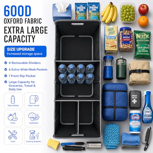 XL Car Trunk Organizer, 4 Compartments, 94L Capacity, Oxford Polyester 600D Material, Easy Fold and Store, Prevents Sliding | Rugged & waterproof large storage box. Features 94L capacity, 6 large mesh pockets & non-slip base for SUV, garage, camping - siz