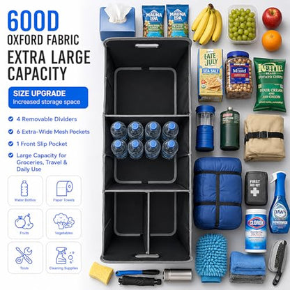 XL Car Trunk Organizer, 4 Compartments, 94L Capacity, Oxford Polyester 600D Material, Easy Fold and Store, Prevents Sliding | Rugged & waterproof large storage box. Features 94L capacity, 6 large mesh pockets & non-slip base for SUV, garage, camping - siz