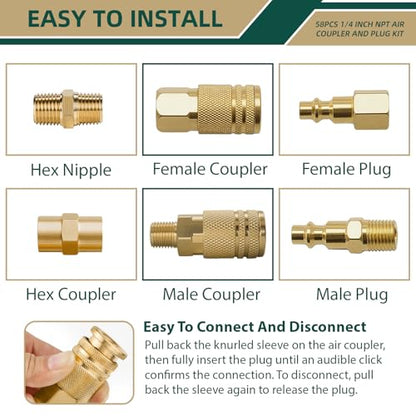 58 Pcs Air Hose Fittings, 1/4" NPT Air Coupler & Plug Kit, Industrial Interchange Quick Connects, Air Tool Fittings for Professional Jobsite, Auto Shop, DIY User - style: 58pcs Air Coupler & Plug