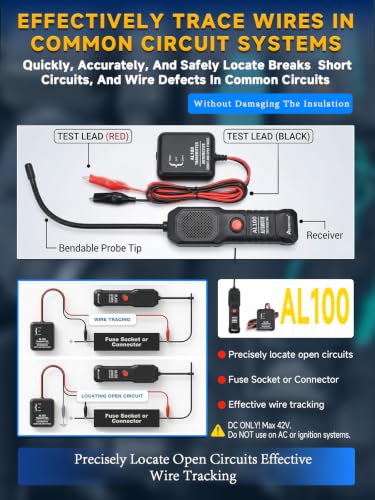 AL100 Wire Tracer Electrical Automotive Short and Open Finder | Automotive Circuit Tester Break Finder Fault Probe Wire Detector Tool Electrical DC 6-42V for DIY,Home Use,Mechanic