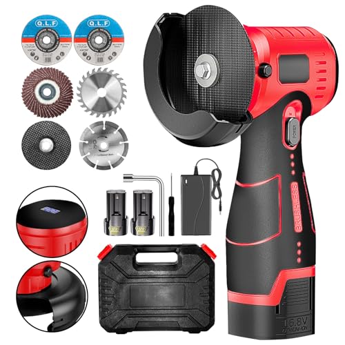 ZFULVO Brushless Cordless Angle Grinder Kit, 19500rpm Mini Electric Angle Grinding Tool with 2x16.8V 2000mAh Battery and 6-Cutting Discs, Grinder Handheld Cutter for Metal Wood - color: Brushless Red