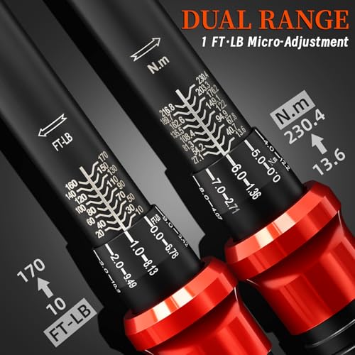 23PCS 1/2-Inch Drive Torque Wrench Set, 10-170FT.LB/13.6-230.5Nm, Click Torque Wrench with Sockets, 72-Tooth Dual-Range, ±3% Precision Adjustable Torque Wrenches for Cart, Motorcycle, Lug Nut - size: 1/2" 10-170 FT.LB, style: 23PCS
