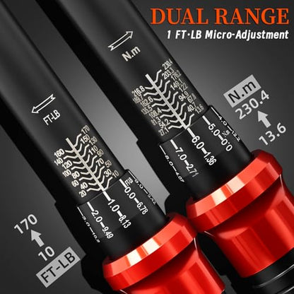 23PCS 1/2-Inch Drive Torque Wrench Set, 10-170FT.LB/13.6-230.5Nm, Click Torque Wrench with Sockets, 72-Tooth Dual-Range, ±3% Precision Adjustable Torque Wrenches for Cart, Motorcycle, Lug Nut - size: 1/2" 10-170 FT.LB, style: 23PCS