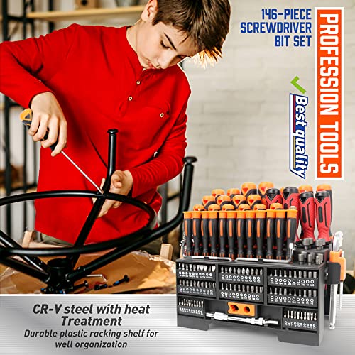 Amartisan 146-piece Magnetic Screwdrivers DIY Tools Set Plastic Racking for Men Tools Gift, Includs Precision screwdriver, Magnetizer, Key Set, Nut Driver and Bit Set