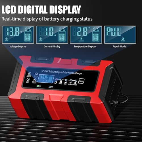 12V/24V 10Amp Smart Car Battery Charger, Automatic Maintainer & Trickle Charger, Desulfator, Temp Compensation, Overcharge Protection for Automobile Truck Motorcycle Boat LiFePO4 AGM Gel STD Batteries