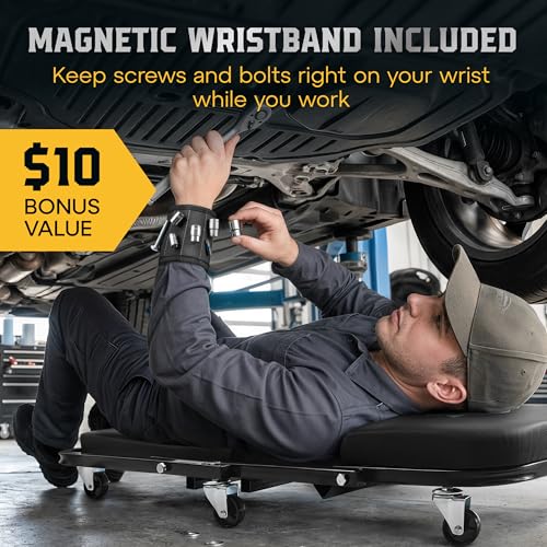 Creepers Automotive Mechanic Creeper Seat & Under Car Roller, 300lb Heavy Duty Foldable Garage Creeper with 360° Swivel Wheels, Magnetic Wristband, Low Profile Black Car Creeper for Mechanics - color: Black