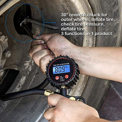 CZC AUTO Digital Tire Inflator Pressure Gauge, LED Display Tyre Deflator Gage with Dual Head Chuck Rubber Hose MNPT Fitting, Compatible with Air Pump Compressor for Truck RV Car Motorcycle Bike Bus