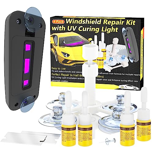 CLAMPER Windshield Repair Kit, Windshield Crack Repair Kit 4 Pcs, Windscreen Repair Kit with Enhanced Injection Head Suction Cup UV Curing Light, Windshield Chip Repair Kit for Bulls-Eye (Yellow) - color: yellow
