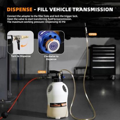 FOUR UNCLES Transmission Fluid Pump - Pneumatic Transmission Fluid Extractor and Dispenser with 15 Metal ATF Adapters and Pressure Gauge for Automotive Use, Transmission Fluid Transfer Pump Kit - size: 10L