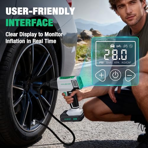 HAUSHOF Tire Inflator Portable Air Compressor, 150 PSI Air Pump, Dual Power | 20V Battery & 12V DC Power, Auto Shut-Off, Digital Gauge & LED Light, Ideal for Cars, Motorcycles, Bikes