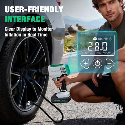 HAUSHOF Tire Inflator Portable Air Compressor, 150 PSI Air Pump, Dual Power | 20V Battery & 12V DC Power, Auto Shut-Off, Digital Gauge & LED Light, Ideal for Cars, Motorcycles, Bikes