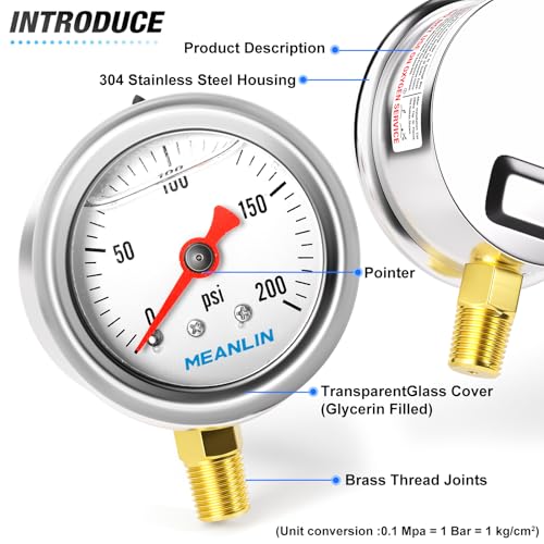 MEANLIN MEASURE 0~200Psi Stainless Steel 1/8" NPT 1.5" FACE DIAL, Glycerin Filled Pressure Gauge, Liquid Filled, Water Oil Air, Lower Mount, with 1/4" NPT and 3/8" NPT Hex Bushing - size: 0-200Psi