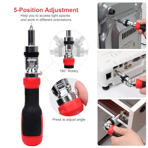 SHARDEN Ratcheting Screwdriver 13-in-1 Multibit Screwdriver All in One Screwdriver Set with Phillips, Flat Head, Torx Security, Hex, Robertson, 180 Degree Pivoting Adjustable Angled Screw Driver Set - color: Red