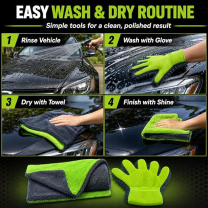 Microfiber Car Drying Towel & Chenille Wash Mitt Set, 1300 GSM 16 x 24 in Absorbent Auto Detailing Towel, Scratch-Free Car Wash Cloth and Mitt for Washing, Drying, Detailing, Gray Green