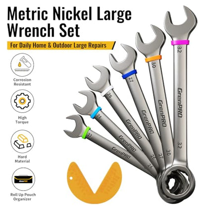 GRENPRO 23-32MM Large Metric Wrench Set, Combination Open End Wrench Sets | Color Rings, Roll Up Pouch, CRV Steel, Nickel Rust-Proof Coating, Free Gauge for Quick Size Matching - style: Metric Nickel Wrench Set Large