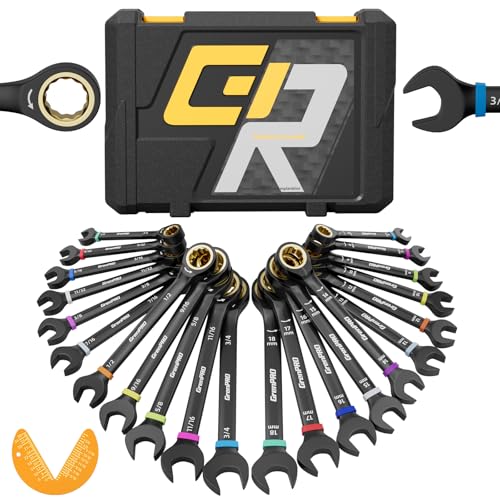 GRENPRO Ratchet Wrenches Set, 23-Piece Ratcheting Wrench Organizer With Color Ring For Mechanics Tool Box Set, Metric And Standard & SAE, 6-18MM & 1/4"-3/4" Long Large Open End Combination Wrench Sets - style: Ratcheting Wrench Set with Color Ring (Metric