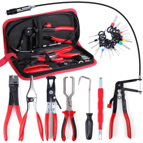 6-Piece Hose Clamp Pliers Set - Automotive Hose Clamp Removal Tool Kit for Coolant, Radiator, Heater & Water Hoses | Flexible Long Reach Flat Band for Car (Red, 6+21PCS Hose Clamp Pliers Set)
