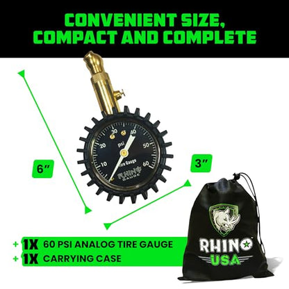 Rhino USA Heavy Duty Tire Pressure Gauge - ANSI Certified Glow Dial | ANSI B40.1 certified accurate, large 2in glow dial, 360° swivel head, solid brass hardware for car & truck tires. - size: 60 PSI Compact