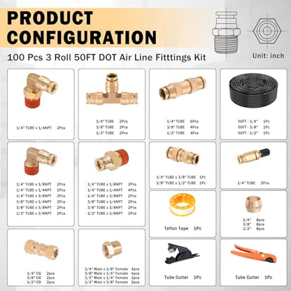 CheeMuii 100 PCS Brass DOT Air Line Fittings with 3 Roll 50FT 1/4" 3/8" 1/2" DOT Air Lines Kit Push Lock Air Fitting Quick Connect Air Fittings with Air Hose Pneumatic Tubing - size: 50FT-3ROLL-100PCS