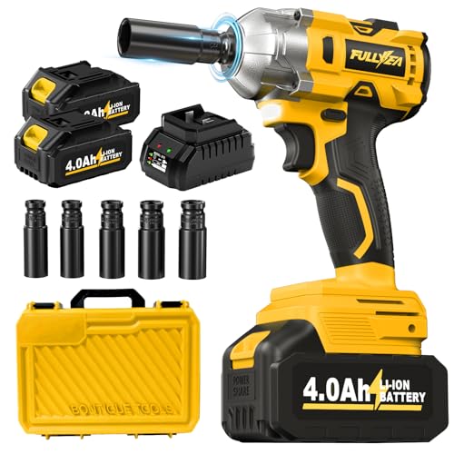 FULLYEA 1/2 inch Cordless Impact Wrench, 406Ft-lbs (550N.m) Brushless Impact Driver, 2x4000mAh Battery, 21V High Torque Power Impact Gun, Variable Speeds Electric Impact Wrench for Car/Mower/Pickup