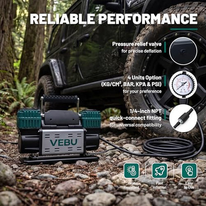 Heavy Duty Air Compressor 12V Tire Inflator, Dual Cylinder 125PSI with In-line Pressure Gauge, 10.6CFM Fast Inflation for Off-road Vehicles, Trucks, SUVs, RVs, ATVs, DC Power, Corded Electric - style: Dual Cylinders + Inline Gauge