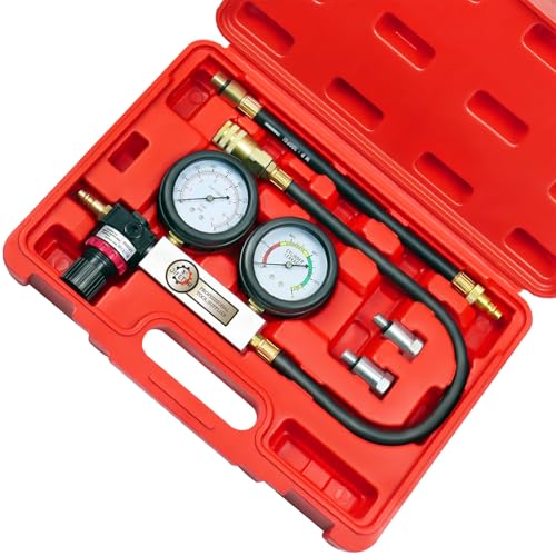 JIFETOR Cylinder Leak Down Tester Kit, Professional Dual Pressure Gauges Engine Compression Leakdown Detector Leakage Test Set for Gasoline Engine with 10 12 14mm Spark Plugs on Car Truck Motorcycle - color: Red