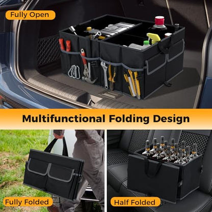 Car Trunk Organizer, 13 Gallon Collapsible Cargo Storage Box with Removable Divider & 6 Pockets, 3-Compatment Trunk Container with Securing Straps & Non-Slip Bottom for SUV, Sedan - size: 13 Gallon