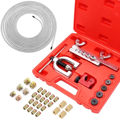 25 ft 3/16inch Zinc Coated Alloy Brake Line Kit(Includes 24 Fittings and 4 Unions) with Double & Single Flaring Tool Kit - size: 3/16 Inch Silver, style: Brake Line Kit