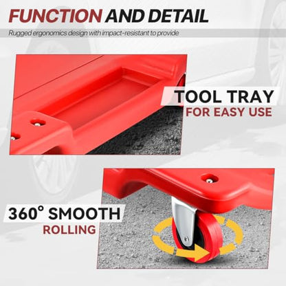 Mechanic Creeper 36 Inch, Low Profile Under Car Rolling Creeper with Padded Headrest and Tool Trays, 300 LBS Capacity, Ergonomic Body Design, Red