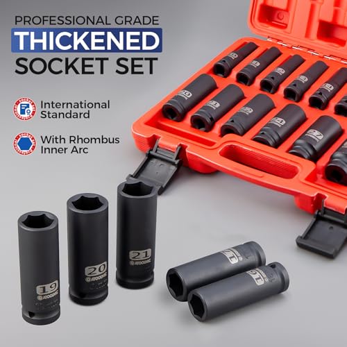1/2 Inch Drive Impact 16 PCS Hex Socket Set,Metric Deep (10-32mm) Sockets,6 Point Radius Corner Design,CR-MO Alloy Steel,Square Chamfered Opening,Axle Nut Socket For Auto Repair - size: 1/2" Metric 16pc