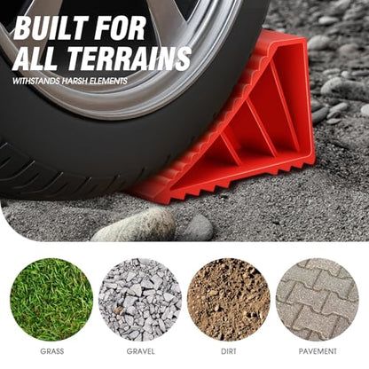 DNA MOTORING 2pcs Wheel Chocks Tire Chocks, Trailer Wheel Chocks RV Wheel Chocks for RV Trailer, Keeps Trailer in-Place, with Handle, Red, 2-Pack, TOOLS-00698