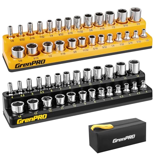 GRENPRO Socket Organizer, 2-Piece Drive SAE & Metric Socket Holder, 1/4" Tray Holds 52 Sockets(Socket Not Included) - style: 2-Piece Magnetic Socket Holder 1/4"