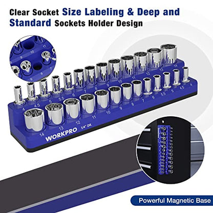 WORKPRO Magnetic Socket Organizer, 1/4-Inch Metric Socket Holder | Hold 26-Piece Sockets, Suitable for Standard and Deep Sockets, Magnetic Base, No Scratches Installation, Socket Not Included - size: 1/4" DR - Metric