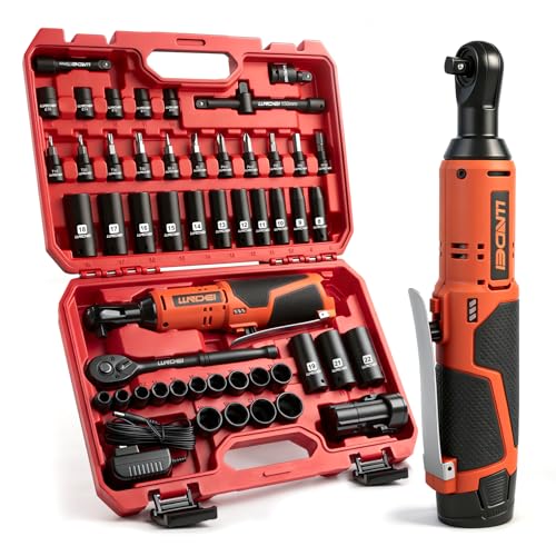 LLNDEI Cordless Electric Ratchet Wrench Set with Socket Set, 3/8" Ratchet, 40FT-LBS with Adjustable Speed, 52PCS