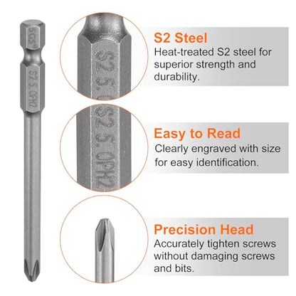 HARFINGTON 5pcs #2 Phillips Screwdriver Bit PH2 1/4" Hex Shank 3.15" (80mm) Long Magnetic S2 Steel Industrial Grade Screw Driver Bit Cross Head Electric Drill Bits 0.197" (5mm) Rod - size: PH2 x 80mm x 5mm