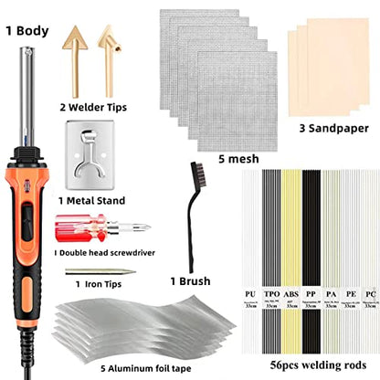 Plastic Welder - 100W Plastic Welding Kit Soldering Iron Gun with 56pcs Rods, Professional Surface Repair Tool for Car Bumper with 4 Welding Tips, Patch Net,Hot Iron Stand,Wire Brush (red) - color: Red