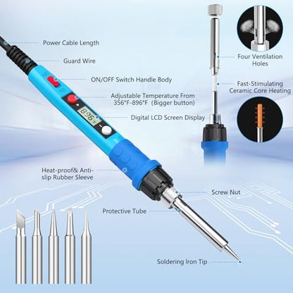 Soldering Iron Kit, Soldering Welding Iron Kit with Ceramic Heater, Portable Soldering Kit with with Tips, Solder Wick Braid, Stand, Solder Wire, Sponge, Flux Paste