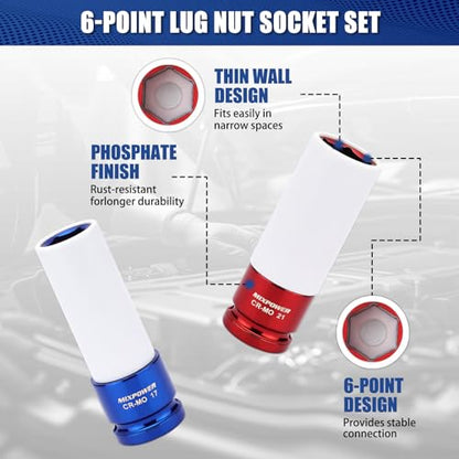 1/2" Drive Wheel Protector Impact Socket, 4 pcs Thin Wall Deep Impact Socket Set, Durable Plastic Sleeve Lug Nut Socket, 6 Point, Metric, 17mm,19mm,21mm,22mm - size: 17 mm, 19 mm, 21 mm, 22 mm