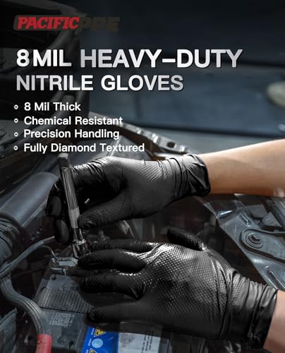 PACIFIC PPE 8 Mil Heavy Duty Black Nitrile Gloves, Chemical Resistant, Food Safe, Latex Free Disposable Gloves for Mechanic, Cooking, and Cleaning, Medium - size: Medium(Pack of 100)