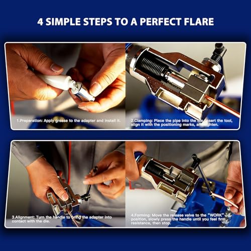 Professional Hydraulic Flaring Tool Kit, with Stabilizing Arm for 45° Double & Single, ISO Bubble, GM Fuel & Transmission Line Flares - 3/16" to 1/2" & 4-10mm, Includes Cutter & Deburrer - size: MU-HFTK-410