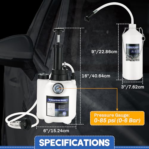 3L Manual Brake Bleeder Kit with 1L Brake Fluid Bleed Bottle | One-Person Brake Pressure Bleeder Kit with 4 Master Cylinder Adapters, Suitable for Select Vehicle Brake Systems