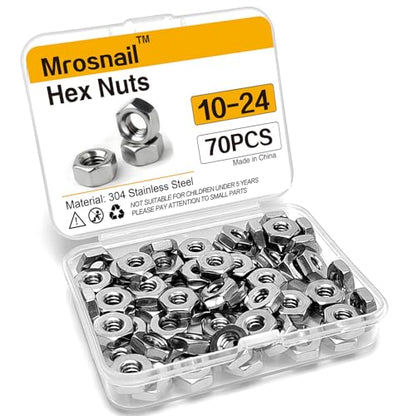 70Pcs SAE 10-24 Hex Nuts, 304 Stainless Steel Hardware Nuts, Full Thread Hex Drive, for Electronics, Small Machinery, Furniture Assembly - size: 10-24 (70 pcs)