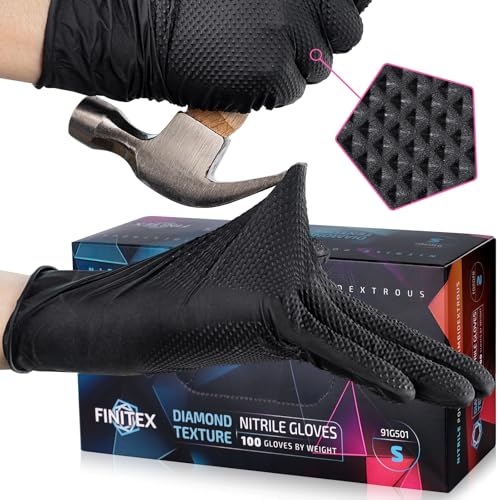 FINITEX Industrial Diamond Texture Nitrile Black Glove - 100/1000PCS Chemical Resistant 6.3mil Mechanic Disposable Gloves - color: Black (Small 100)
