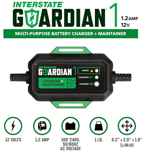 Interstate Batteries 12V Battery Charger and Maintainer (12V, 1.2A) Portable, Automatic, Trickle Charging for Automotive, AGM, Flooded, Gel, Lead-Acid, Powersports (CHGIB12)