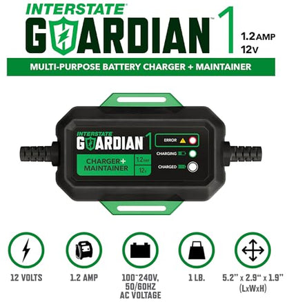Interstate Batteries 12V Battery Charger and Maintainer (12V, 1.2A) Portable, Automatic, Trickle Charging for Automotive, AGM, Flooded, Gel, Lead-Acid, Powersports (CHGIB12)