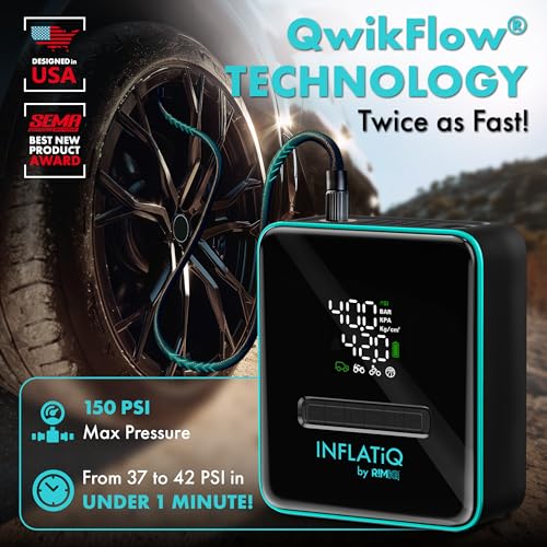 INFLATiQ by RIMiQ Portable Tire Inflator Air Compressor – Twice as Fast QwikFlow Technology with Auto Shut-Off – 11.1V Rechargeable Air Pump with Metal Gears and Premium Carry Case (2 Pack) - size: 2 Pack