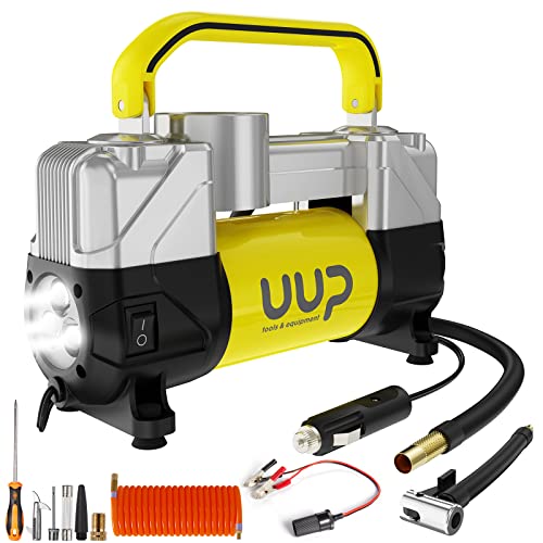 UUP Tire Inflator Air Compressor, 150PSI 12V DC Double Cylinders Heavy Duty Portable Air Pump w/Emergency LED Light for Truck, SUV, Car, RV - color: Yellow