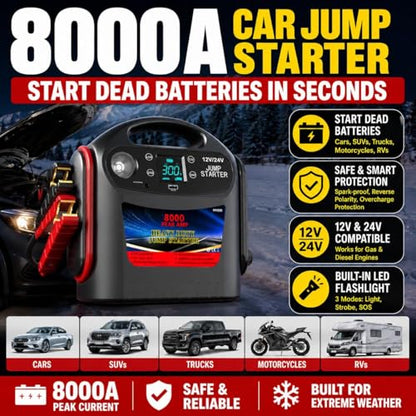 8000A Car Battery Jump Starter, Heavy Duty Jump Box for Gas & Diesel Vehicles, 12V/24V Portable Power Pack with LED Light for Trucks, SUVs, Commercial & Diesel Engines